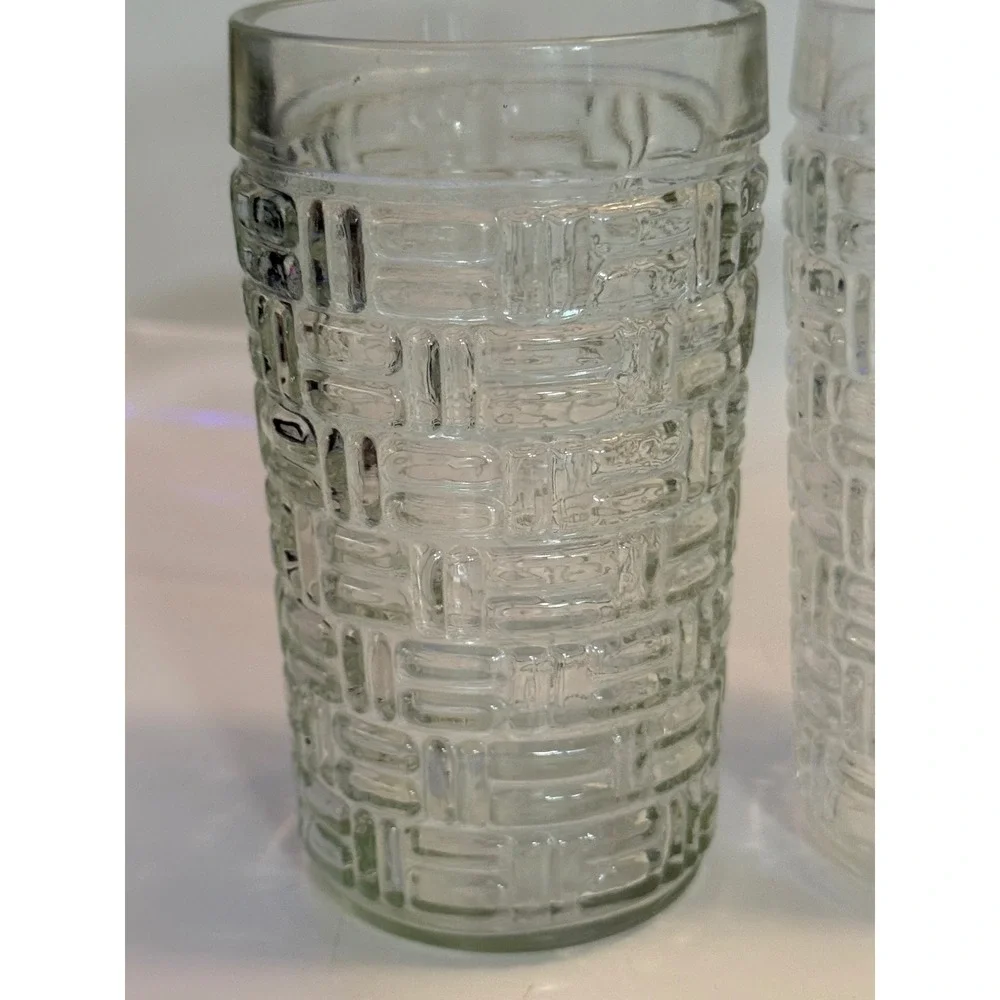 Vintage Clear Textured Basketweave Glass Tumblers Set of 2 Drinking Glasses